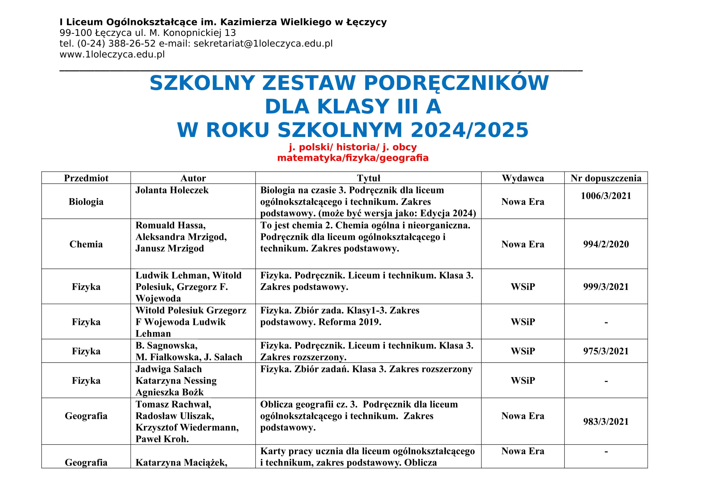 podrczniki KLASA III A 2024 2025 1