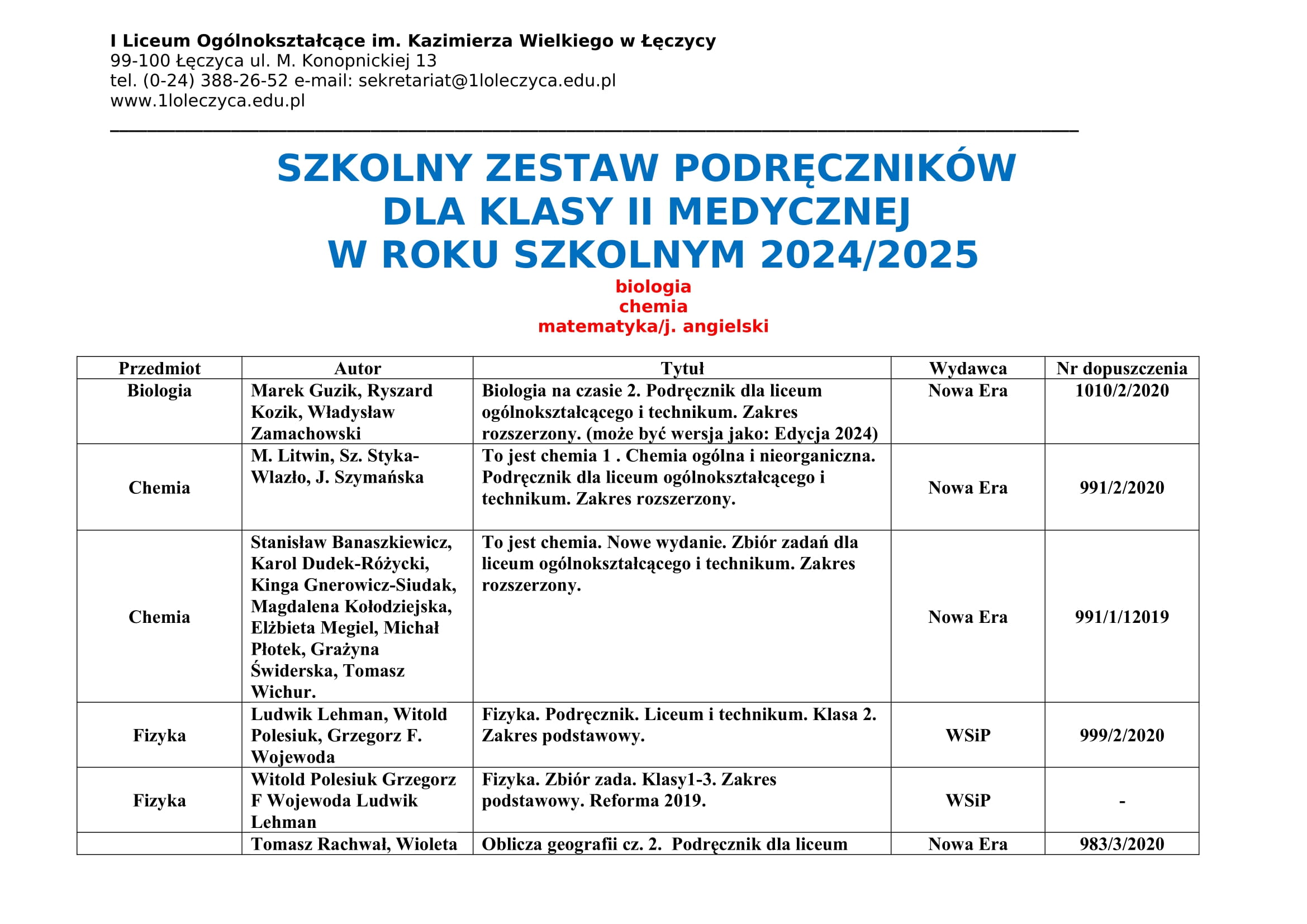 podrczniki KLASA II MEDYCZNA 2024 2025 1