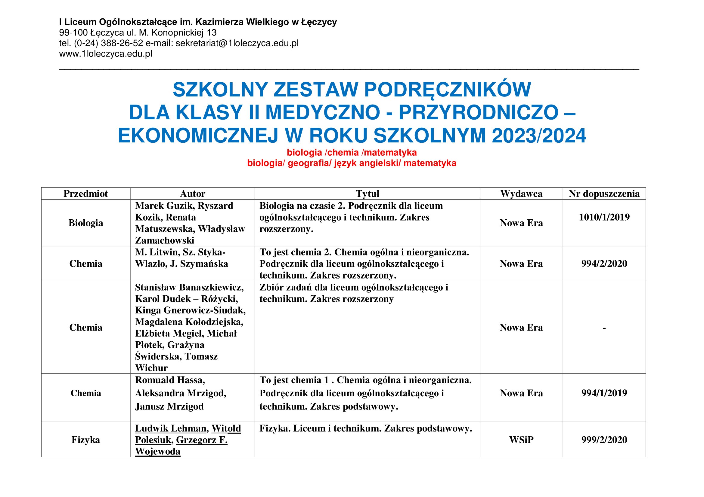 podrczniki KLASA II MEDYCZNO PRZYRODNICZEJ 2023 2024 1