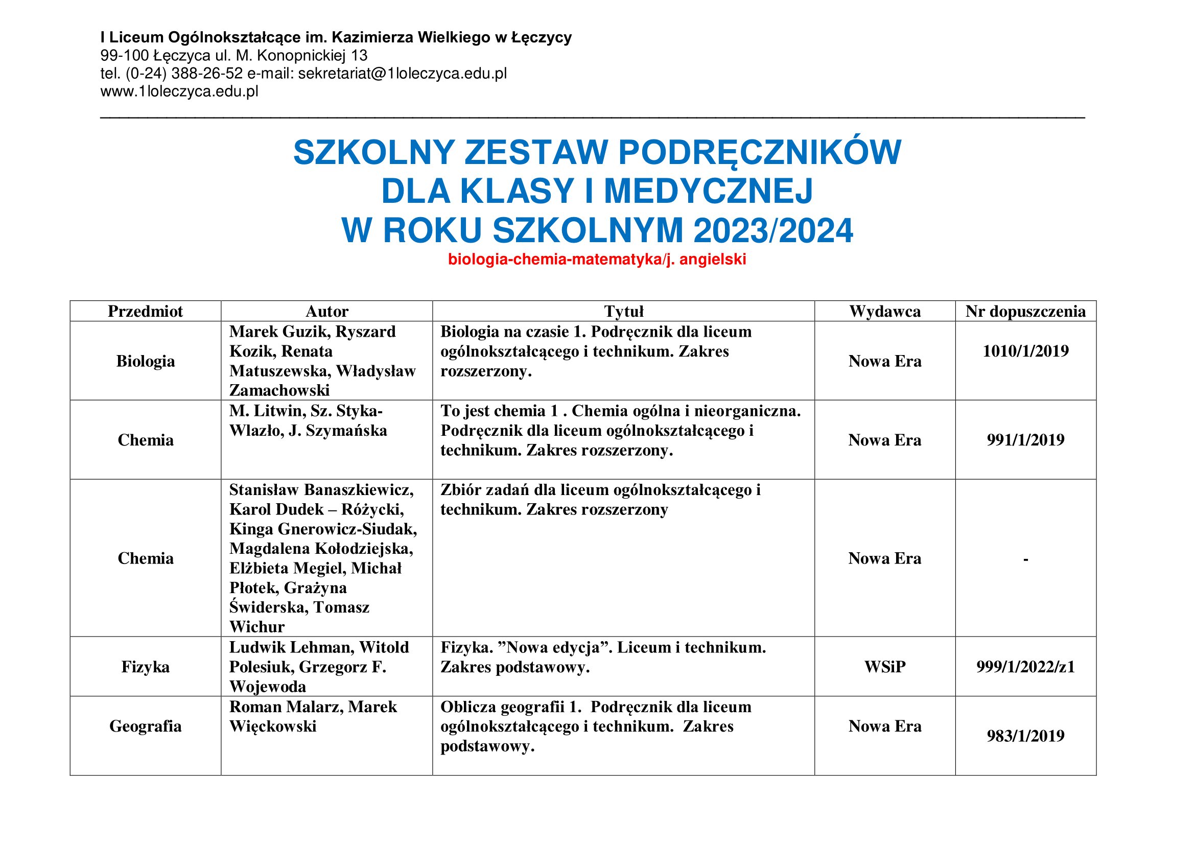 podrczniki KLASA MEDYCZNA 2023 2024 1